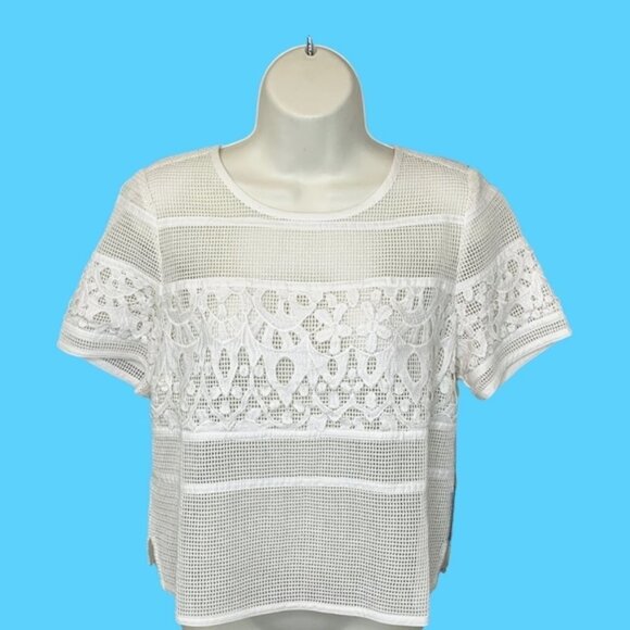 NWT CHICO'S BLACK LABEL ANTIQUE WHITE OPEN MESH & LACE TOP - SMALL/0 - Picture 1 of 5
